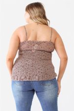 Junior Plus Size Mocha Floral Ruched Sleeveless Top - Image 2