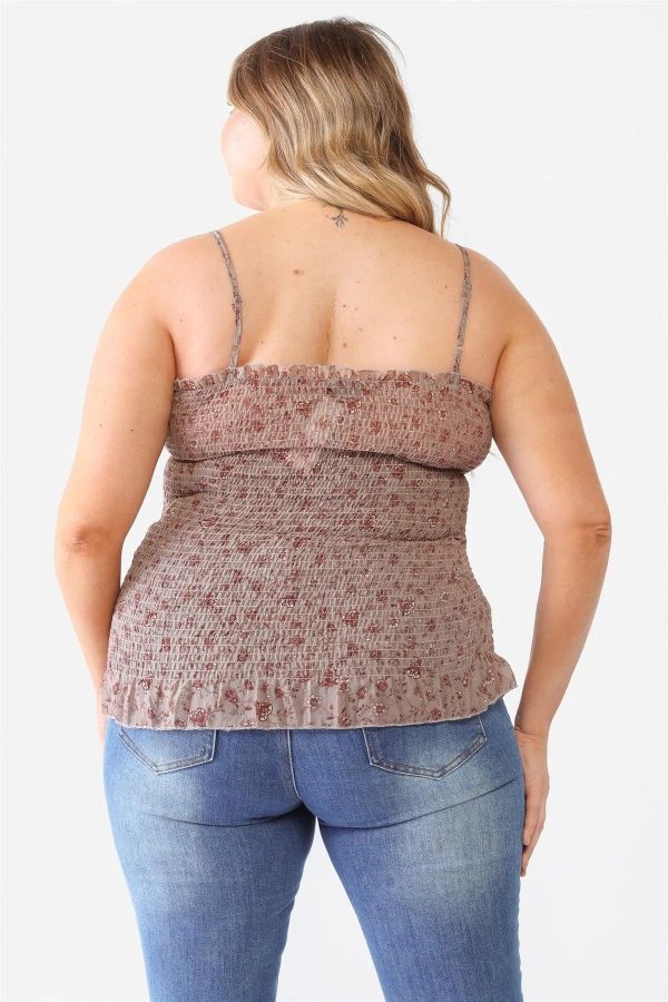 Junior Plus Size Mocha Floral Ruched Sleeveless Top - Image 2