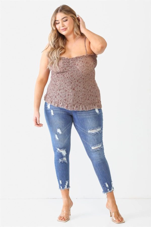 Junior Plus Size Mocha Floral Ruched Sleeveless Top - Image 3