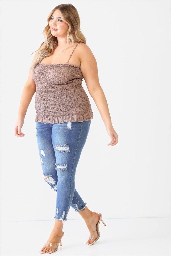 Junior Plus Size Mocha Floral Ruched Sleeveless Top - Image 4