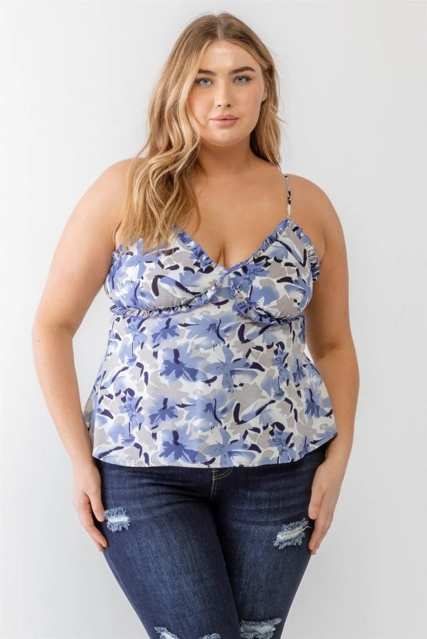 Blue Junior Plus Size Floral Woven Ruffle Sleeveless Tank Top - Image 1