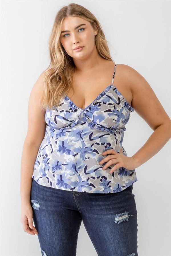 Blue Junior Plus Size Floral Woven Ruffle Sleeveless Tank Top - Image 3