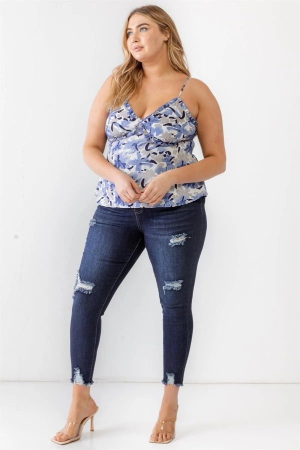 Blue Junior Plus Size Floral Woven Ruffle Sleeveless Tank Top - Image 4