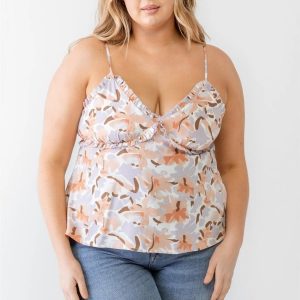 Junior Lavender Plus Size Floral Woven Ruffle Back Zipper Tank Top