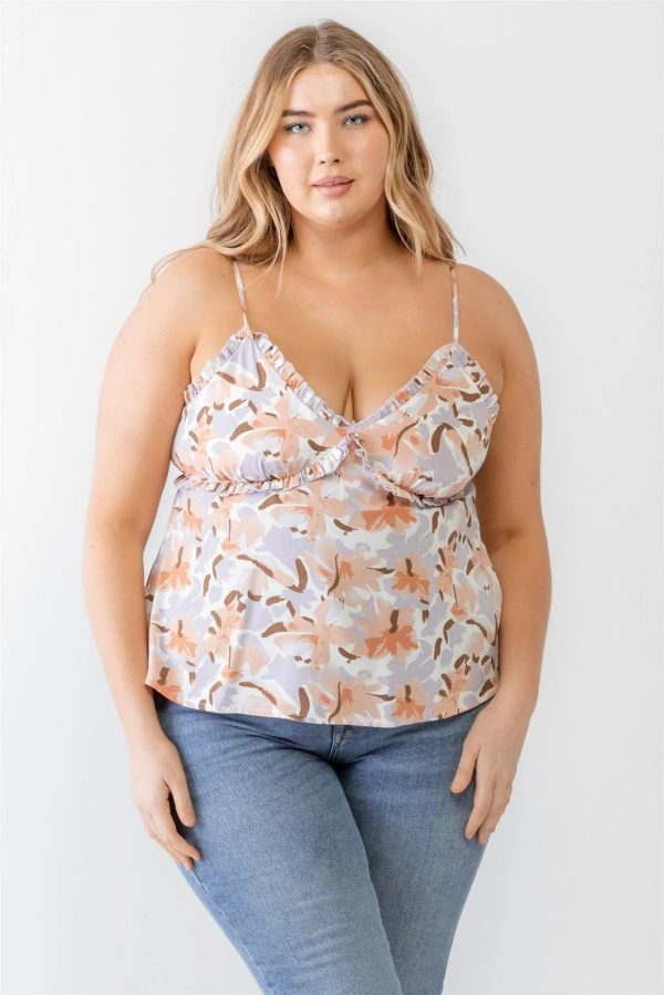Junior Lavender Plus Size Floral Woven Ruffle Back Zipper Tank Top - Image 1
