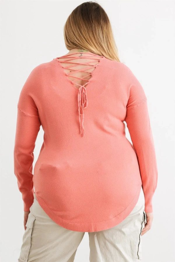 Junior Plus Size Lace-Up Back Curved Hem Basic Knit Top - Image 7