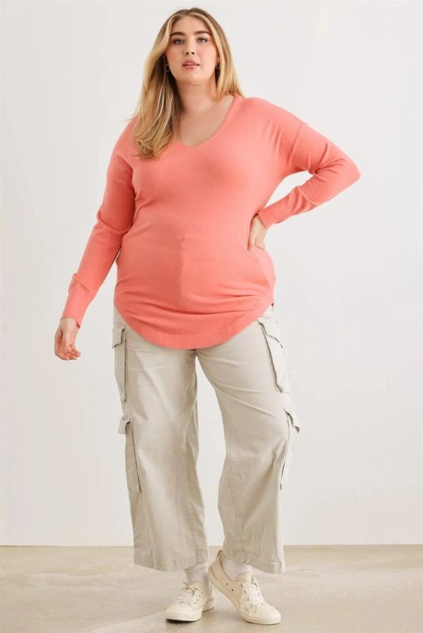 Junior Plus Size Lace-Up Back Curved Hem Basic Knit Top - Image 8