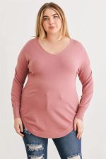 Junior Plus Size Lace-Up Back Curved Hem Basic Knit Top