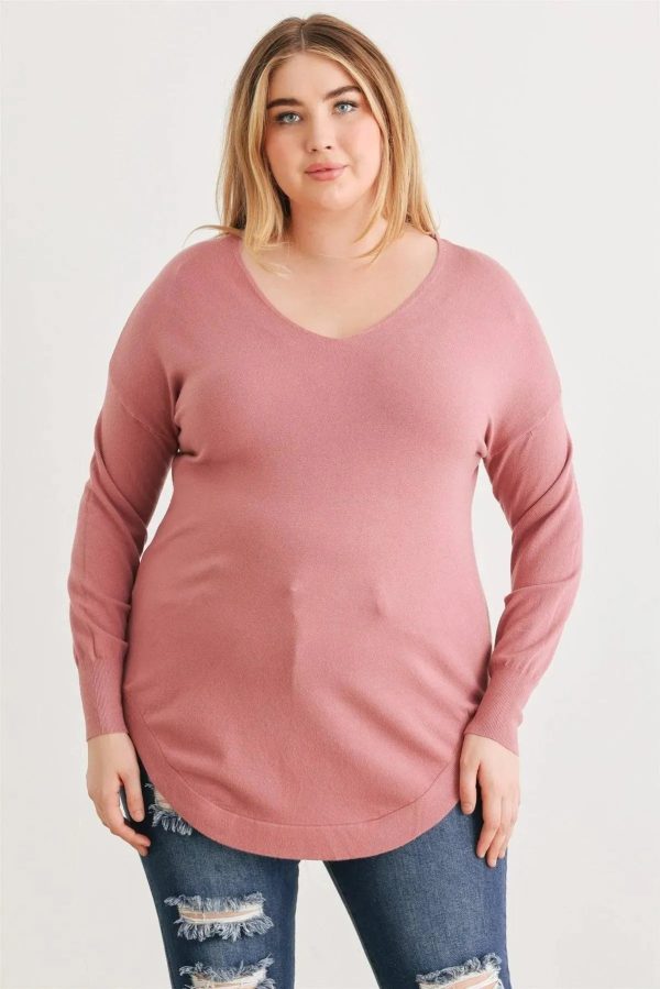 Junior Plus Size Lace-Up Back Curved Hem Basic Knit Top - Image 1