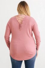 Junior Plus Size Lace-Up Back Curved Hem Basic Knit Top - Image 2