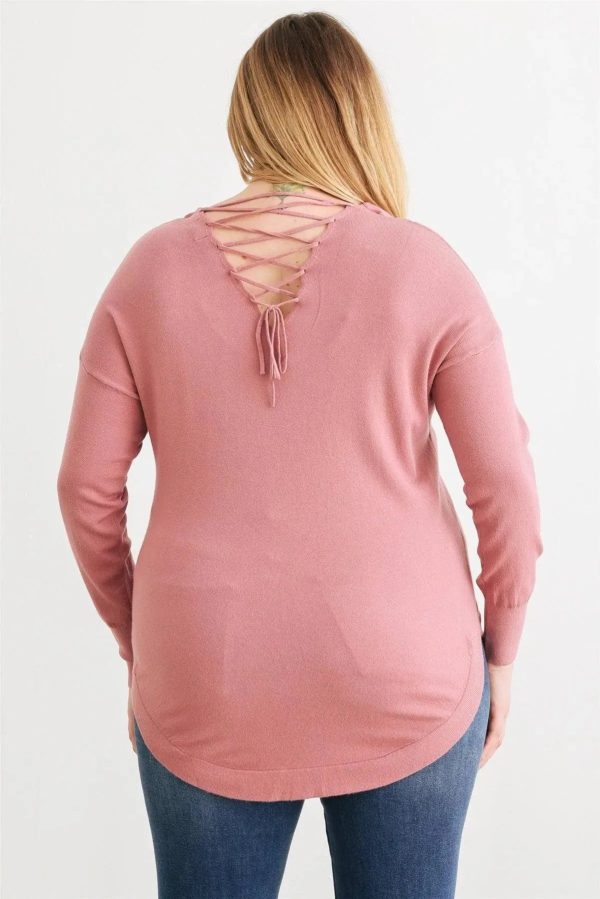 Junior Plus Size Lace-Up Back Curved Hem Basic Knit Top - Image 2