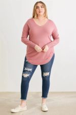 Junior Plus Size Lace-Up Back Curved Hem Basic Knit Top - Image 4