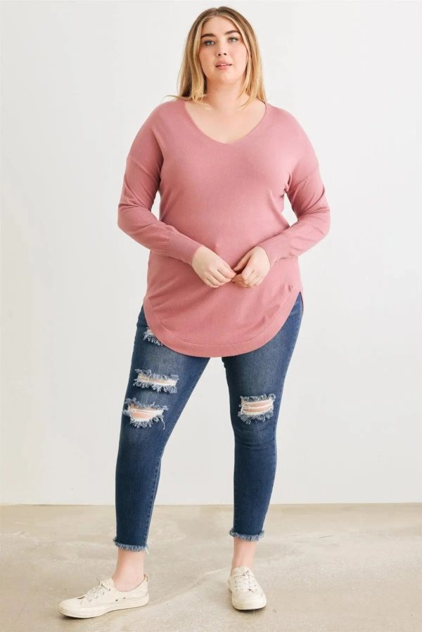 Junior Plus Size Lace-Up Back Curved Hem Basic Knit Top - Image 4