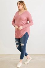 Junior Plus Size Lace-Up Back Curved Hem Basic Knit Top - Image 3