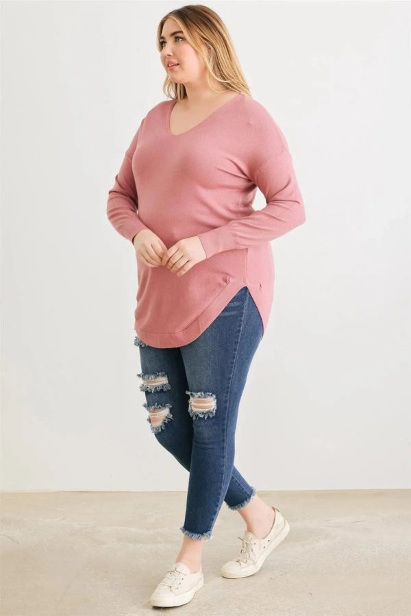 Junior Plus Size Lace-Up Back Curved Hem Basic Knit Top - Image 3