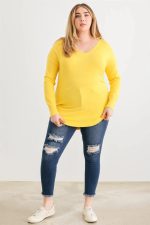 Junior Plus Size Lace-Up Back Curved Hem Basic Knit Top - Image 12