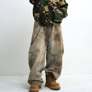 Vintage Distressed Oil-Stained Loose Cargo Pants | Oversized Streetwear Baggy Trousers | Unisex Workwear Style