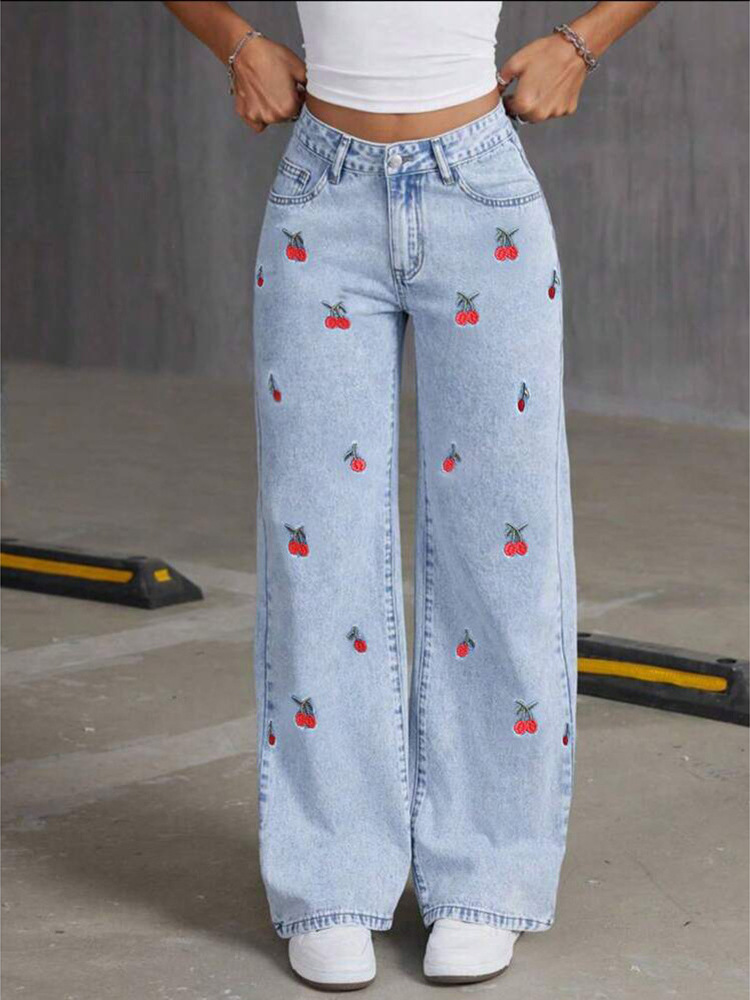 Cherry Embroidered Wide Leg Jeans | Sweet Bow Back Pocket Denim Pants | High-Waisted Loose Fit Straight Jeans | Casual Streetwear Pants - Image 2