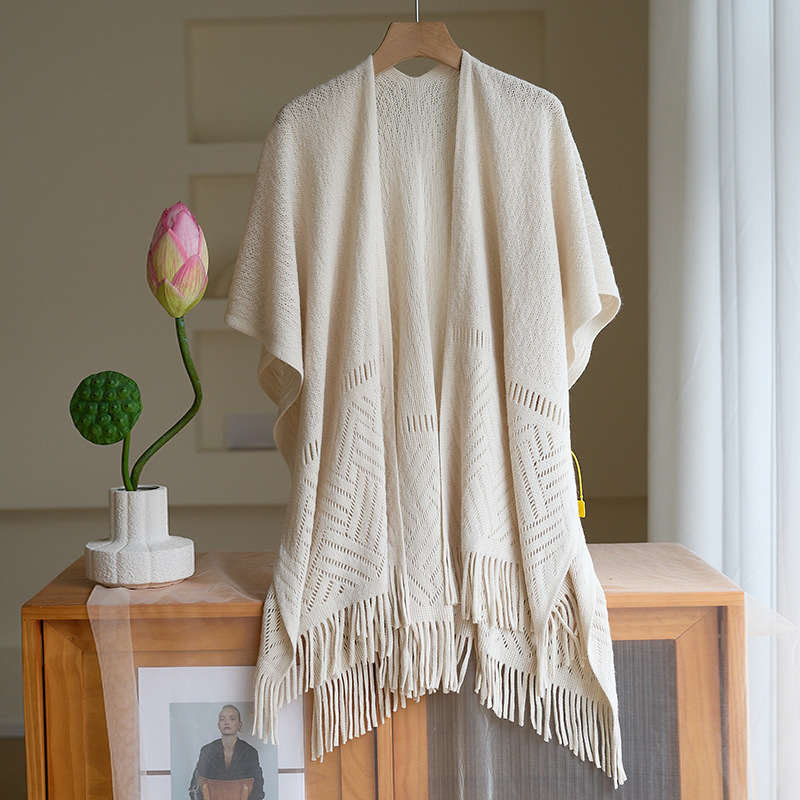 Lightweight Hollow-Knit Tassel Shawl Blanket | Elegant Spring/Fall Cape Wrap | Soft Loose-Fit Knit Poncho