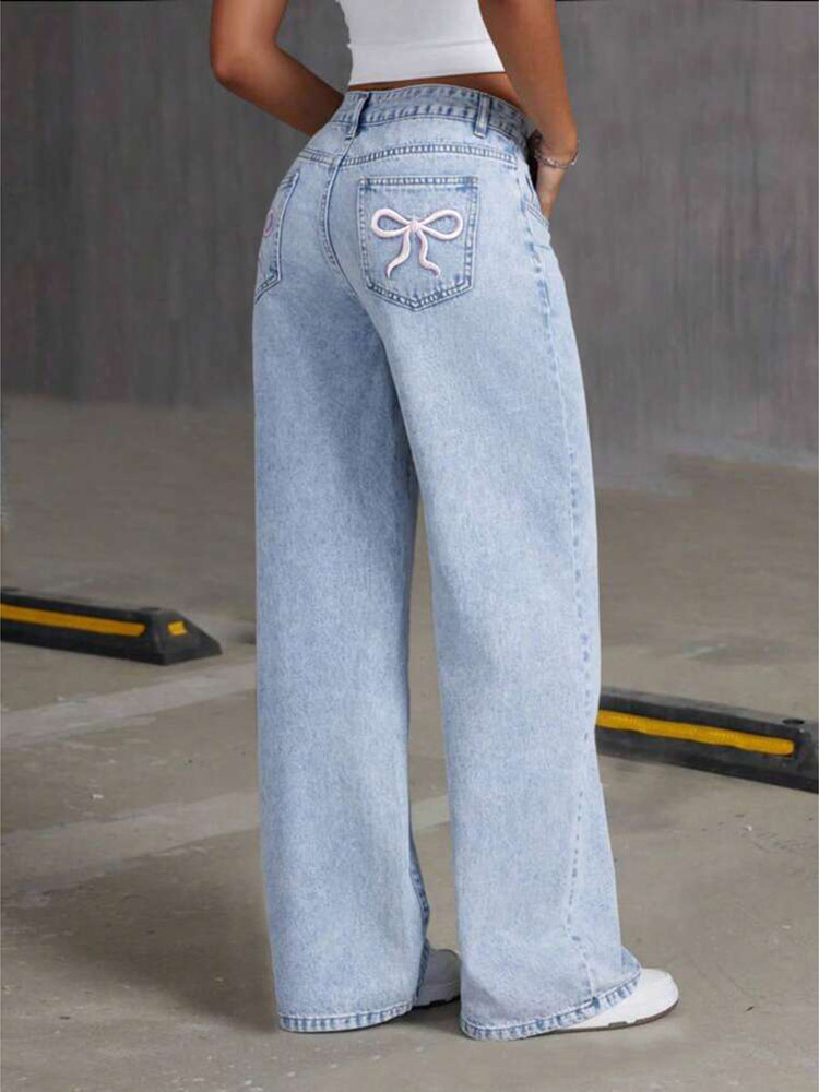 Cherry Embroidered Wide Leg Jeans | Sweet Bow Back Pocket Denim Pants | High-Waisted Loose Fit Straight Jeans | Casual Streetwear Pants - Image 3