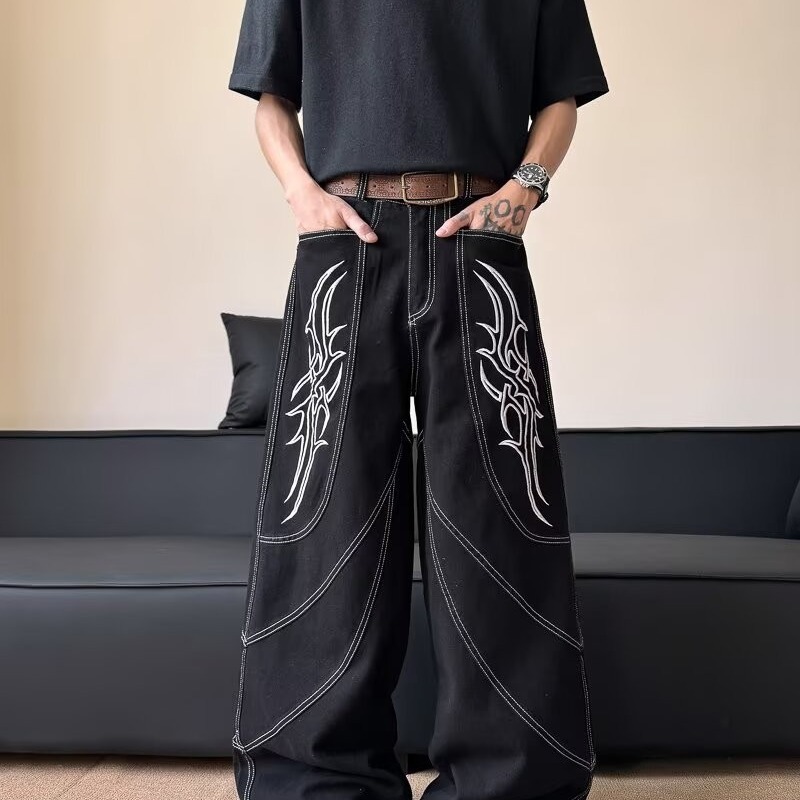 Black Embroidered Wide-Leg Cargo Pants | Tribal Stitching Oversized Streetwear Trousers | Y2K Stacked Baggy Jeans | Unisex - Image 2