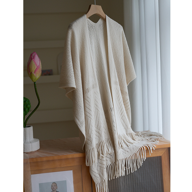 Lightweight Hollow-Knit Tassel Shawl Blanket | Elegant Spring/Fall Cape Wrap | Soft Loose-Fit Knit Poncho - Image 4