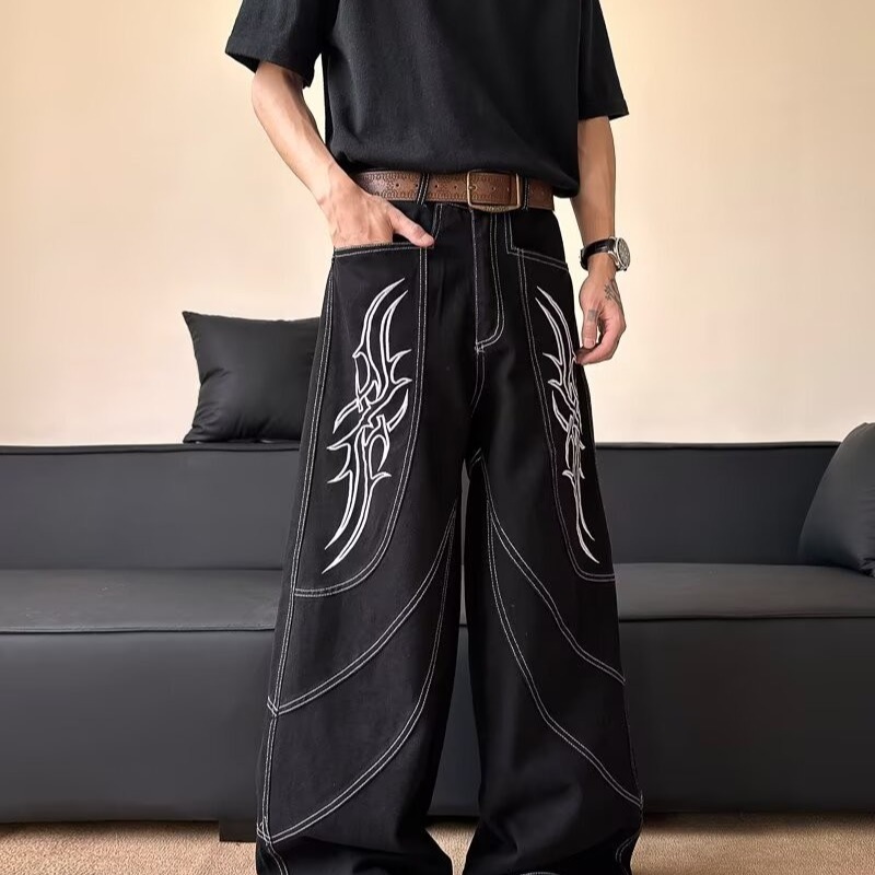 Black Embroidered Wide-Leg Cargo Pants | Tribal Stitching Oversized Streetwear Trousers | Y2K Stacked Baggy Jeans | Unisex - Image 5