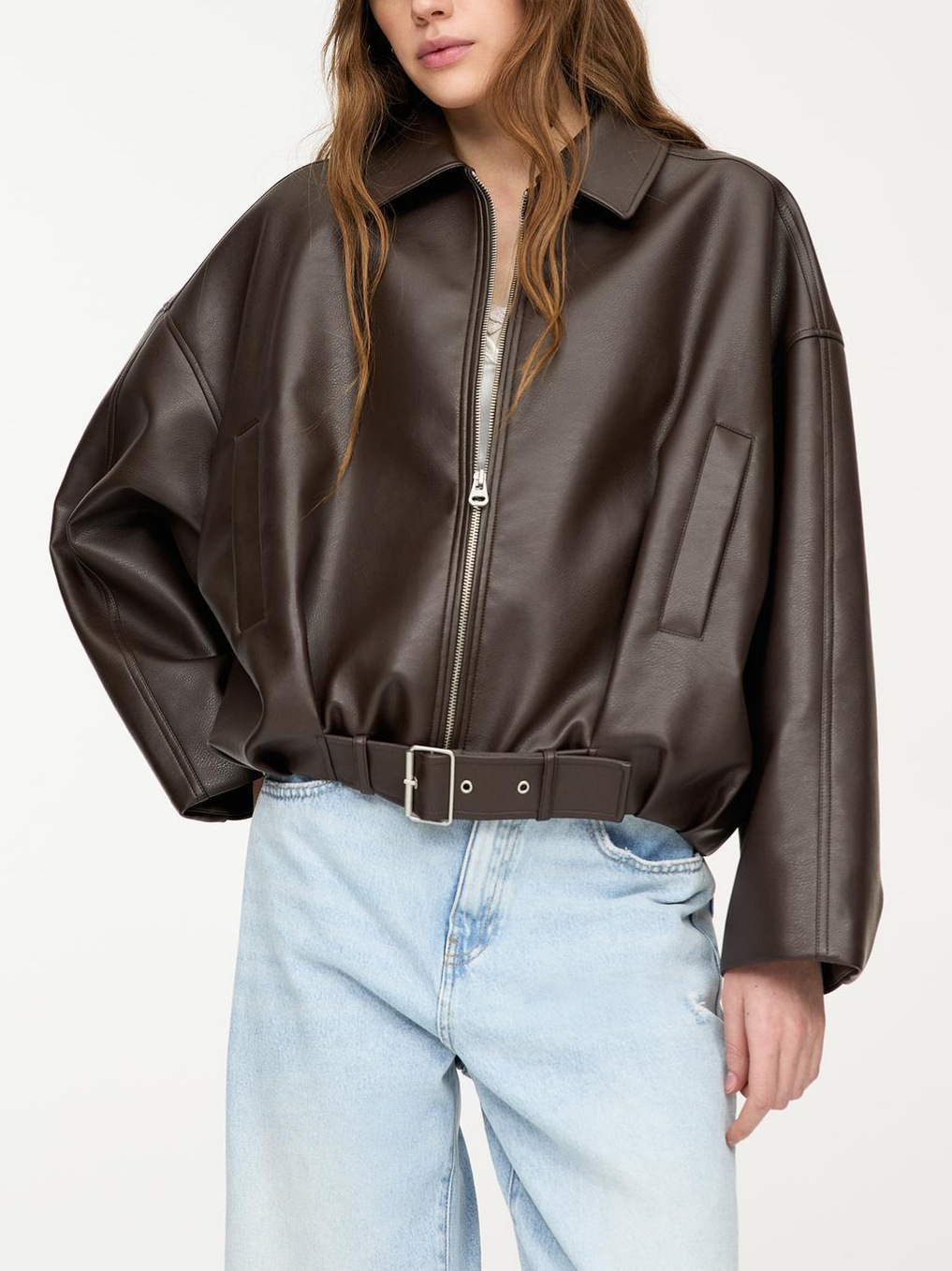 Women’s Loose Leather Short Jacket | Belted Waist Design | Structured Zip-Up Outerwear - Image 2