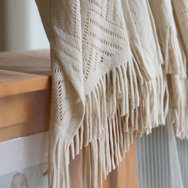 Lightweight Hollow-Knit Tassel Shawl Blanket | Elegant Spring/Fall Cape Wrap | Soft Loose-Fit Knit Poncho - Image 3