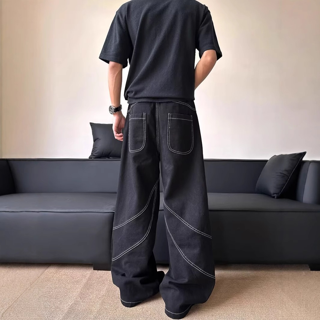 Black Embroidered Wide-Leg Cargo Pants | Tribal Stitching Oversized Streetwear Trousers | Y2K Stacked Baggy Jeans | Unisex - Image 4