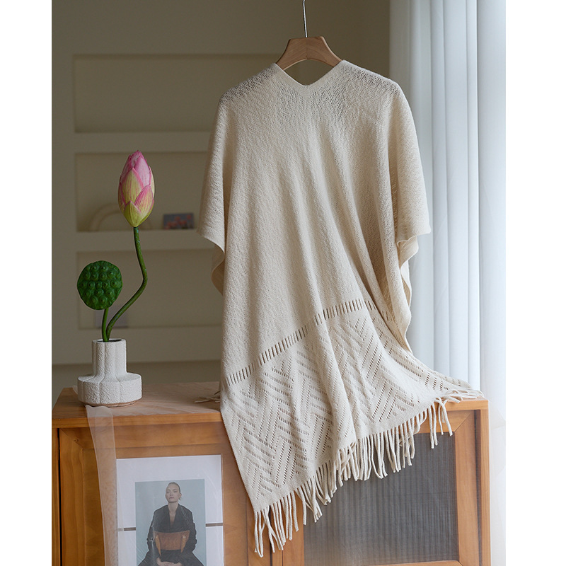 Lightweight Hollow-Knit Tassel Shawl Blanket | Elegant Spring/Fall Cape Wrap | Soft Loose-Fit Knit Poncho - Image 2