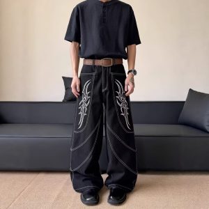 Black Embroidered Wide-Leg Cargo Pants | Tribal Stitching Oversized Streetwear Trousers | Y2K Stacked Baggy Jeans | Unisex