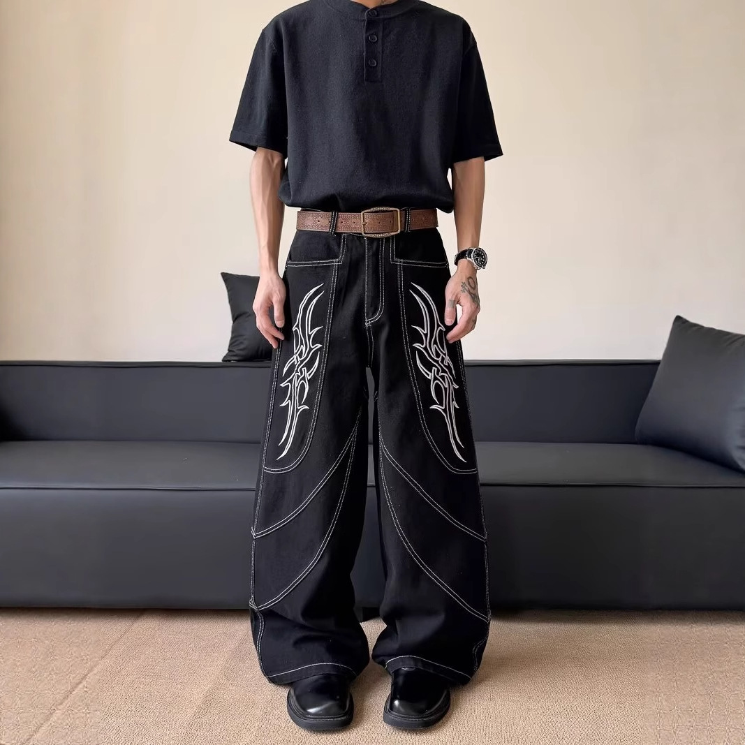 Black Embroidered Wide-Leg Cargo Pants | Tribal Stitching Oversized Streetwear Trousers | Y2K Stacked Baggy Jeans | Unisex
