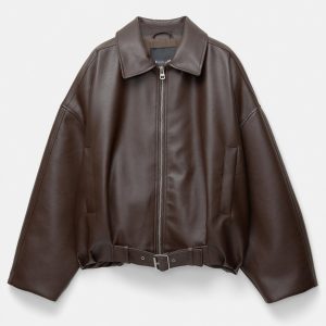 Women’s Loose Leather Short Jacket | Belted Waist Design | Structured Zip-Up Outerwear