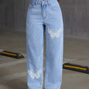 Butterfly Embroidered Wide-Leg Jeans | High-Waisted Straight Denim Pants | Sweet & Cool Style | Light Wash Loose Jeans