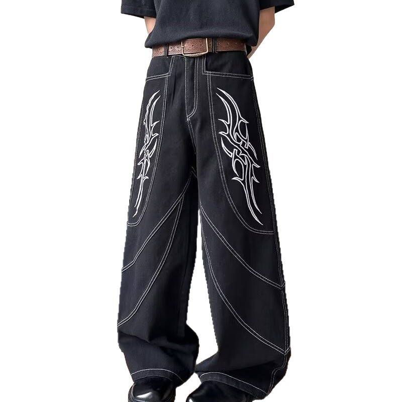 Black Embroidered Wide-Leg Cargo Pants | Tribal Stitching Oversized Streetwear Trousers | Y2K Stacked Baggy Jeans | Unisex - Image 6
