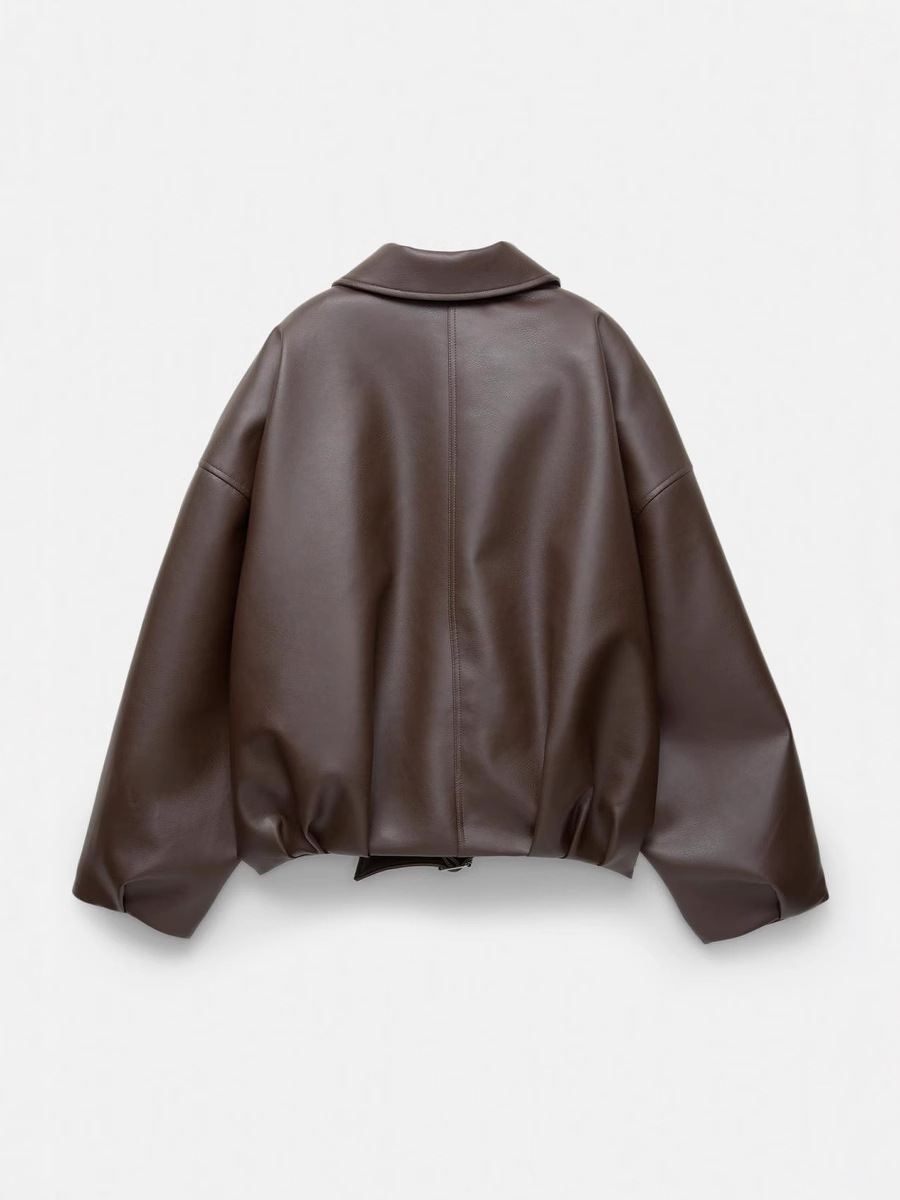 Women’s Loose Leather Short Jacket | Belted Waist Design | Structured Zip-Up Outerwear - Image 3