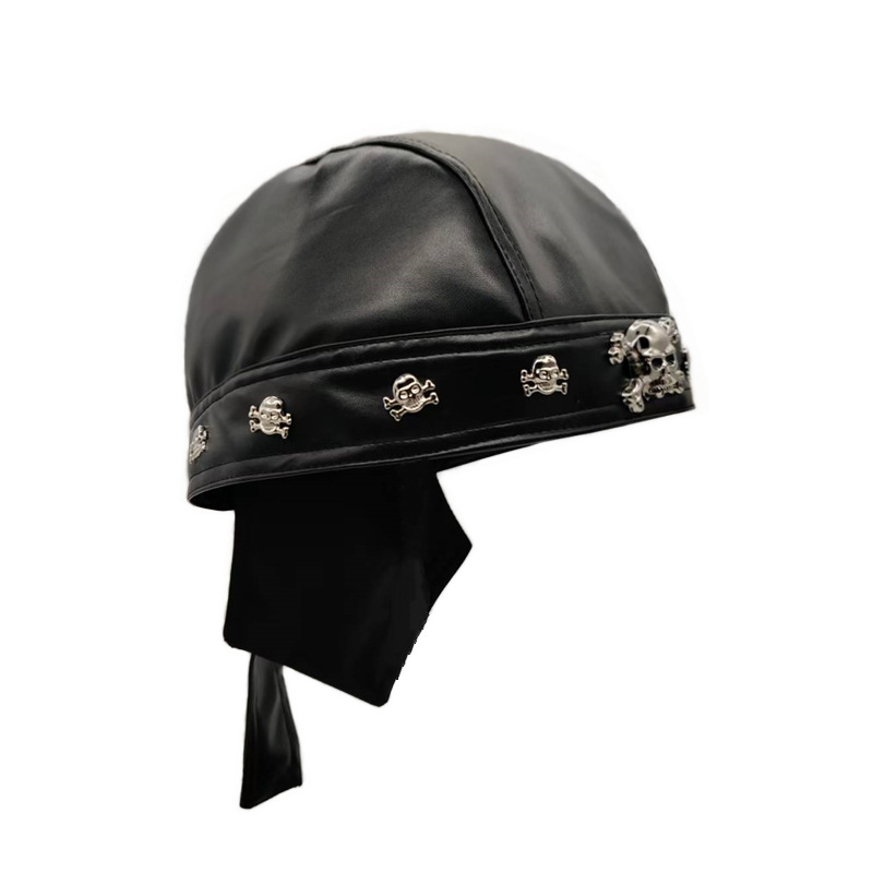 Skull-Studded Biker Headscarf Cap | Punk PU Leather Durag | Adjustable Tie-Back Pirate Style Hat - Image 4
