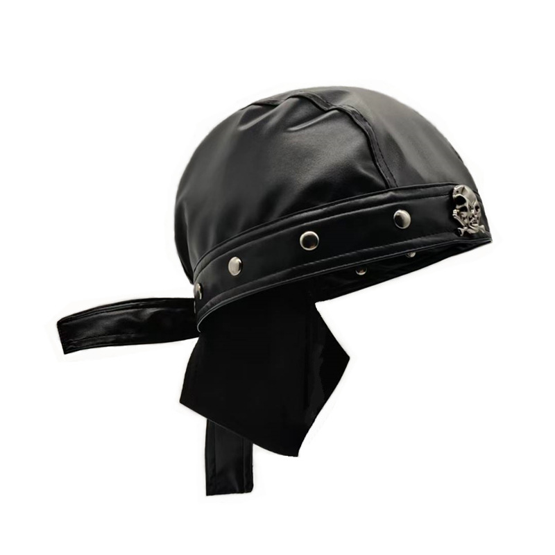 Skull-Studded Biker Headscarf Cap | Punk PU Leather Durag | Adjustable Tie-Back Pirate Style Hat - Image 3