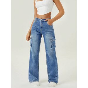 High-Waisted Cargo Wide-Leg Jeans | Loose Straight Denim Pants | Utility Pocket Streetwear Jeans | Vintage Blue Casual Jeans