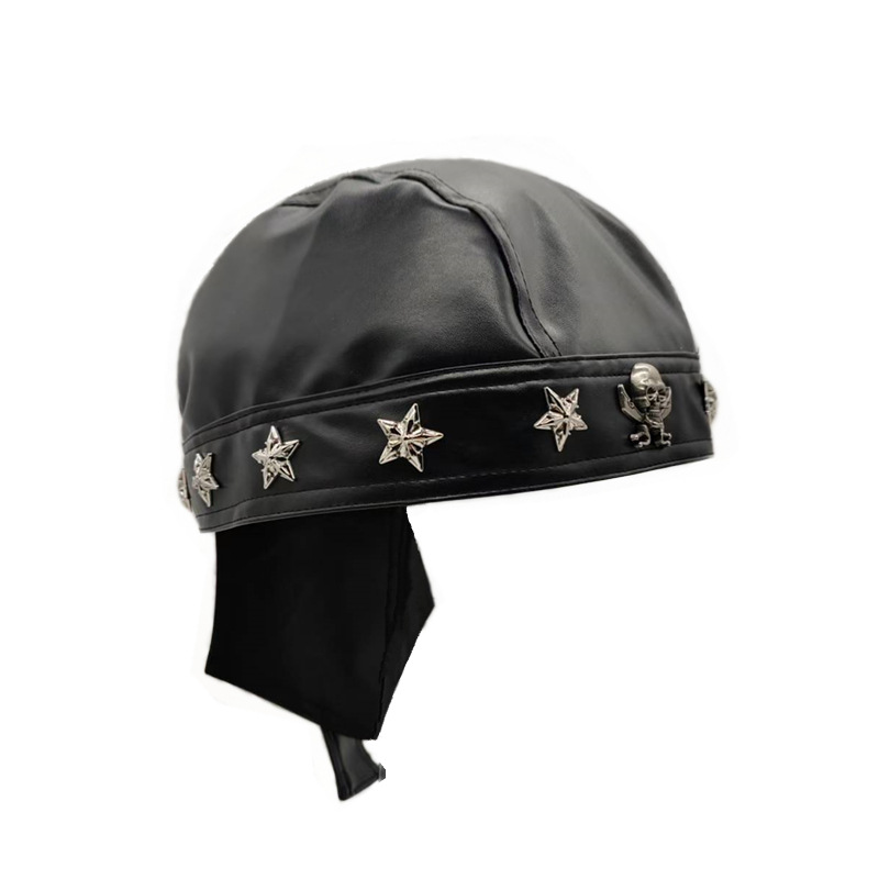 Skull-Studded Biker Headscarf Cap | Punk PU Leather Durag | Adjustable Tie-Back Pirate Style Hat - Image 2