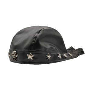 Skull-Studded Biker Headscarf Cap | Punk PU Leather Durag | Adjustable Tie-Back Pirate Style Hat