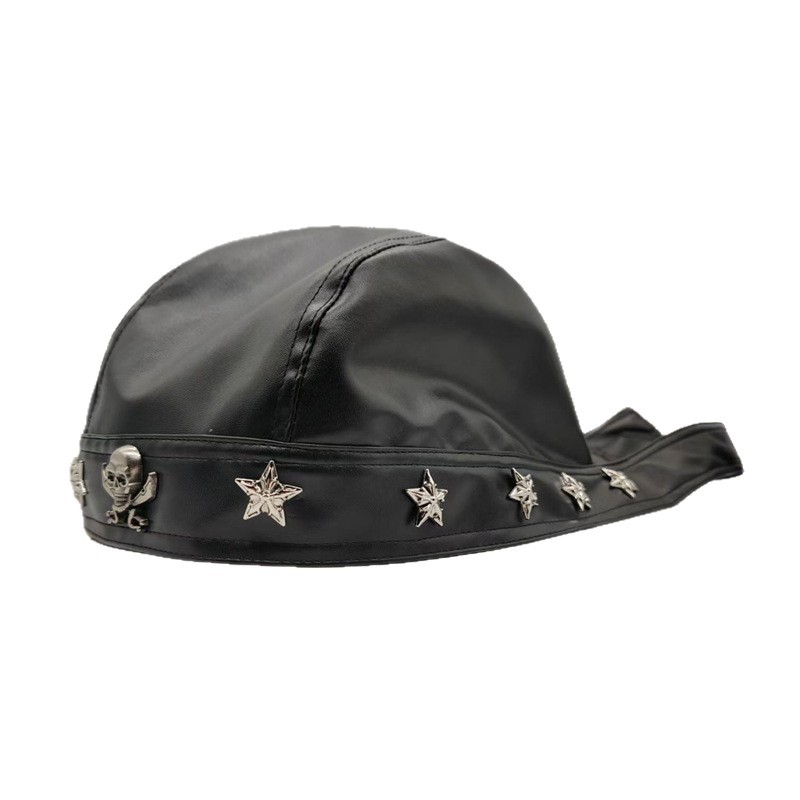 Skull-Studded Biker Headscarf Cap | Punk PU Leather Durag | Adjustable Tie-Back Pirate Style Hat
