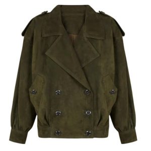 Women’s Short Suede Trench Jacket | Army Green | Double-Breasted Vintage Style