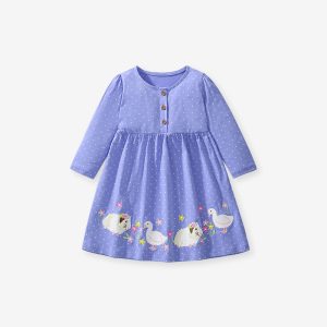 Purple Long-Sleeve Baby Dress｜Cute Sheep & Duck Embroidery｜Soft Cotton Kids Dress｜Spring & Autumn Toddler Polka Dot Dress