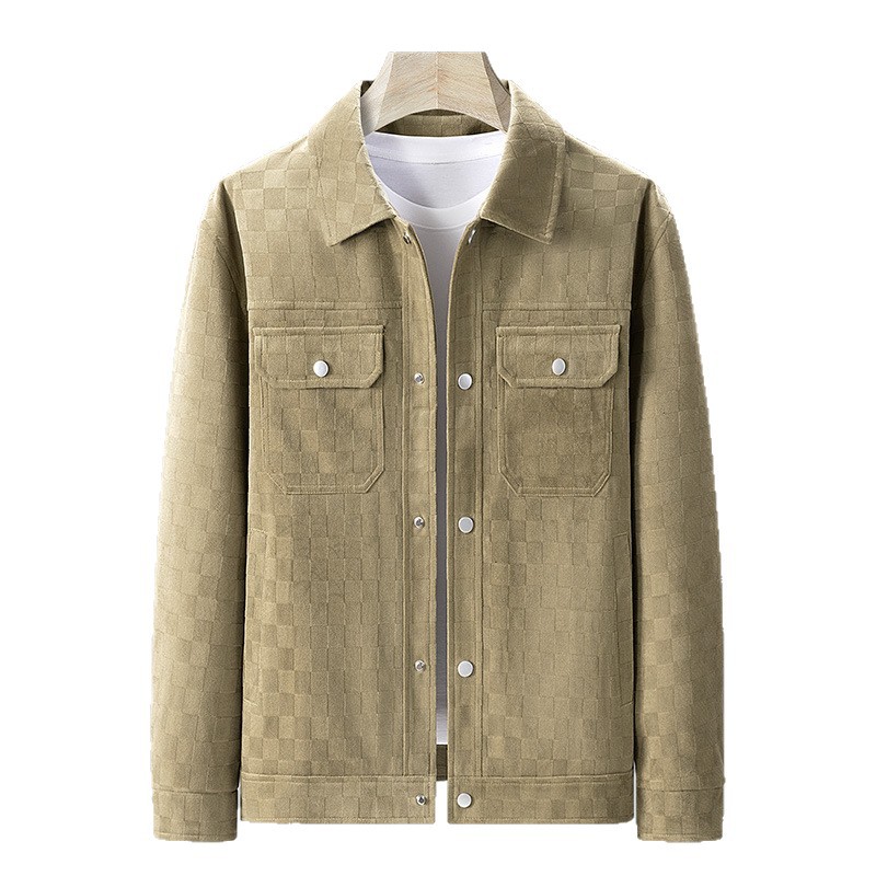 Men’s Suede Checkerboard Workwear Jacket | Structured Relaxed Fit | Dual Chest Pockets | Durable Snap Buttons | Fall/Winter Streetwear Outerwear - Image 4