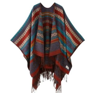 Ethnic Style Thickened Tassel Shawl Blanket | Warm Winter Cape Poncho | Vintage Geometric Knit Wrap