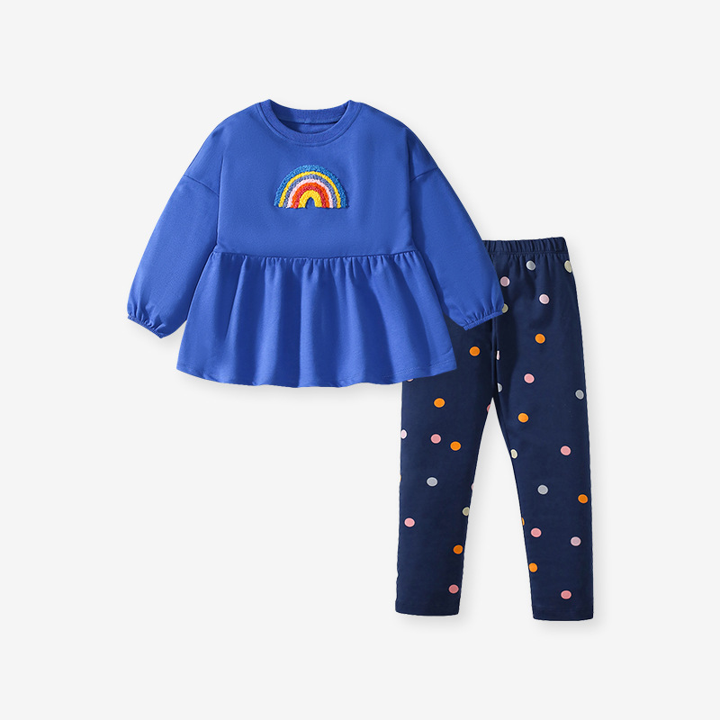 Baby Girl 2-Piece Set|Blue Rainbow Embroidered Top & Polka Dot Pants|Soft & Cozy Long-Sleeve Outfit for Spring & Autumn