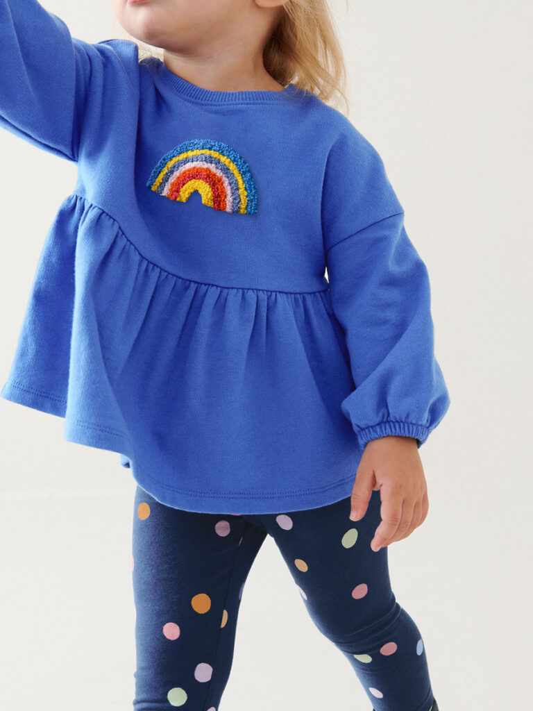 Baby Girl 2-Piece Set|Blue Rainbow Embroidered Top & Polka Dot Pants|Soft & Cozy Long-Sleeve Outfit for Spring & Autumn - Image 4