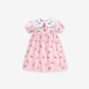 Pink Baby Dress with Bunny Print｜Embroidery Peter Pan Collar｜Soft Short-Sleeve Spring & Summer Dress